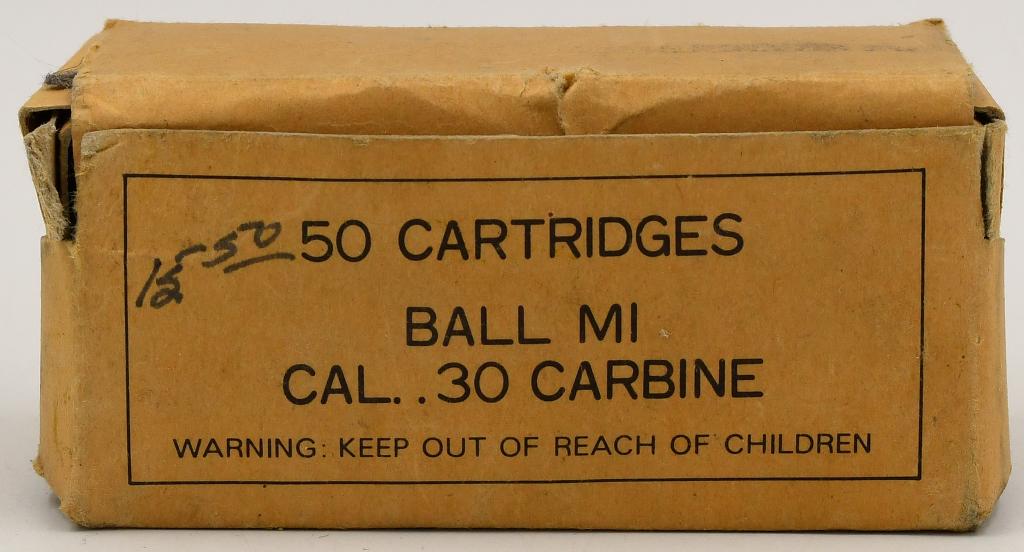 50 Rounds Of Military Ball M1 .30 Carbine Ammo: 50 Rounds Of Military Ball M1 .30 Carbine Ammo, Brass Cased, Round Nose Ammo, Ball M1 In Original Box