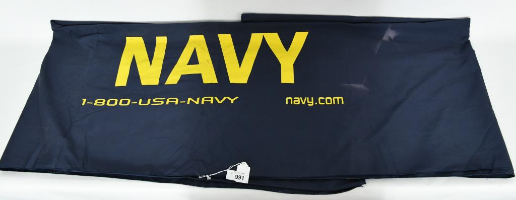 Large Custom U.S. " NAVY " Recruiting Table cloth: approx size 132" x 87" square, machine wash, cotton Blend, Heavy duty cloth, comes in pre owned condition, overall very nice but it does have some minor sun spots (could be redyed)