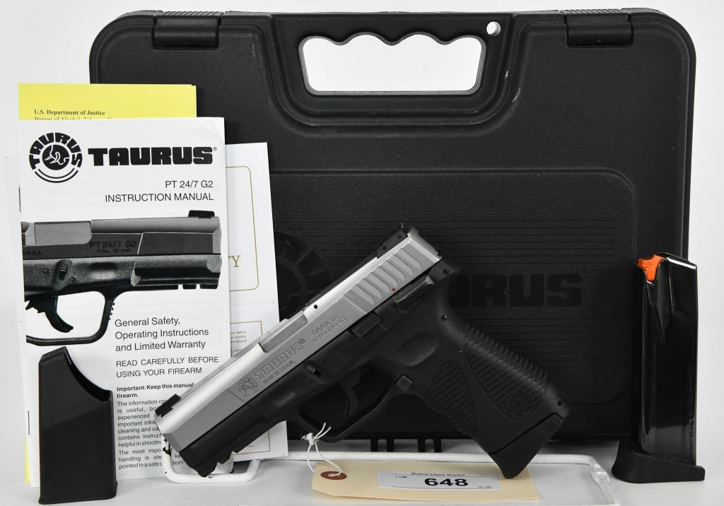 Taurus PT 24/7 G2 Semi Auto Pistol .40 S&W: Up Next We Have a Taurus PT 24/7 G2 Semi Auto Pistol Chambered in .40 S&W, it Comes in The Factory Hardcase With Two 15 Round Magazines, mag Loader, and Paperwork. Overall in Excellent Pre-owned Condi