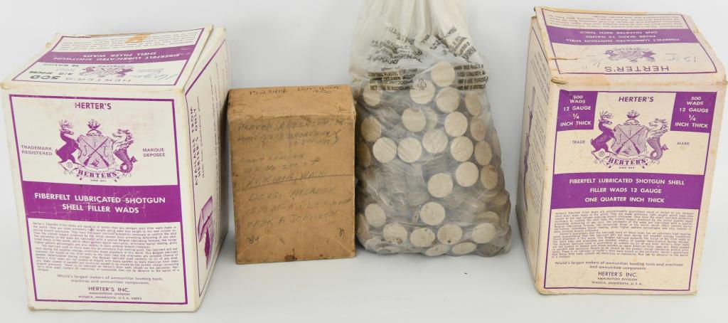 Herter's fiber felt lubricated shotgun shell: filler wad; lot contains 1/2 box of Herter's 16 gauge Fiberfelt, a 3/4 full box of Herter's 12 gauge 1/4 inch thick (these boxes show qty 500) then there is a baggie of 200 12 gauge felts, there is a