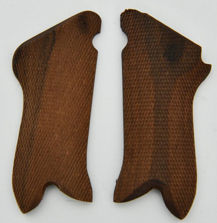 Luger Checkered Wood Grips: Up Next We Have a Set of Luger Checkered Wood Grips, for the ever popular Luger pistol. These are the nicest looking reproduction grips we've seen. Sharp checkering, nice color, and properly finished 