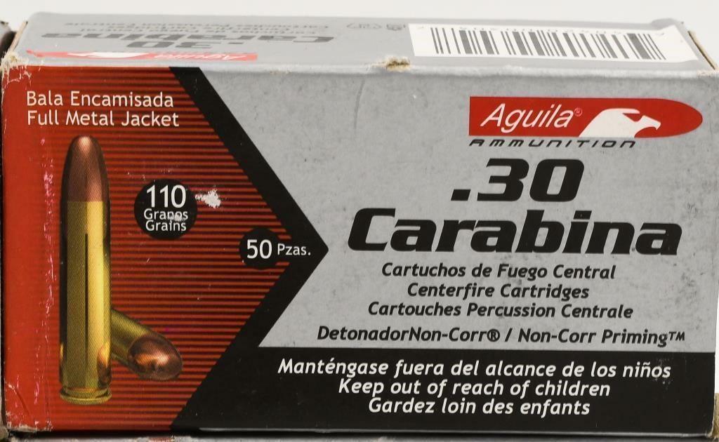 50 Rounds Of Aguila .30 Carbine Ammunition: 50 Rounds Of Aguila .30 Carbine Ammunition , Center Fire, 110 Grain Full Metal Jacket Ammunition