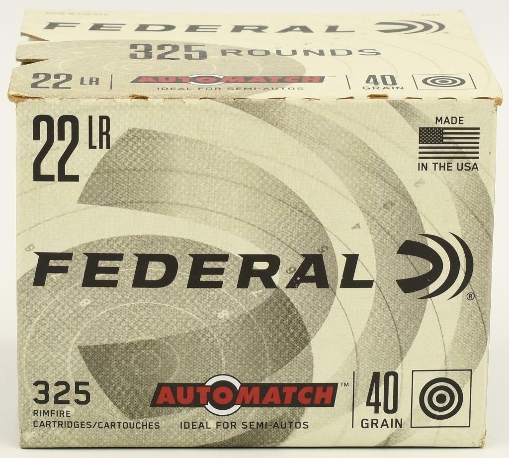 325 Rounds Federal Auto Match .22 LR Ammunition: 325 Rounds Federal Auto Match .22 LR Ammunition 325 Rounds 40 Grain Lead Round Nose 1200fps Federal AutoMatch Target is a rimfire ammunition line specifically designed for use in conjunction with semi
