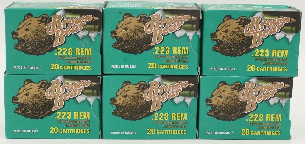 120 Rounds Of Brown Bear .223 Rem Ammunition: 120 Rounds Of Brown Bear .223 Rem Ammunition, 55 Grain Bimetal Full Metal Jacket Lacquered Case Made In Russia Boat Tail Non Corrosive Berdan Primed Ammunition