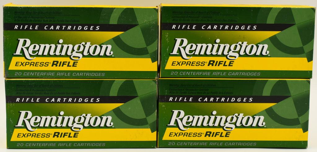 80 rds 17 Remington 25 gr ammo: Lot contains 4 boxes of 20 rounds per box of Remington express rifle cartridges, 25 grain Hornady HP R17R2