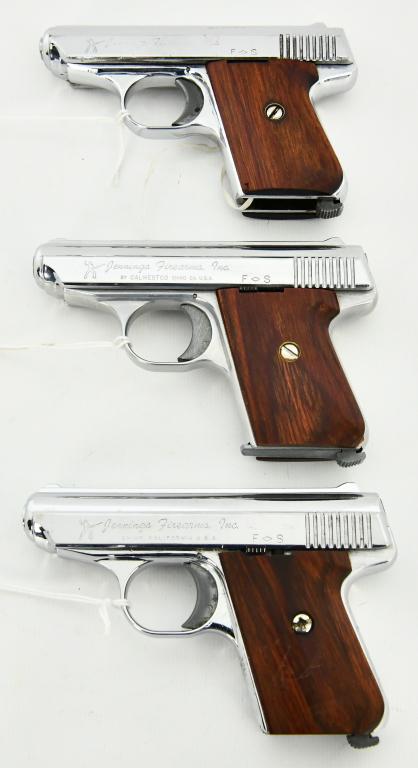 Lot of 3 Jennings J-22 Semi Auto Pistols .22 LR: Up Next We Have a Lot of 3 Jennings J-22 Semi Auto Pistols Chambered in .22 LR, Two Of them Appear to function Properly, One Has a Magazine, and One is for Parts, Missing the Firing Pin Assembly.
