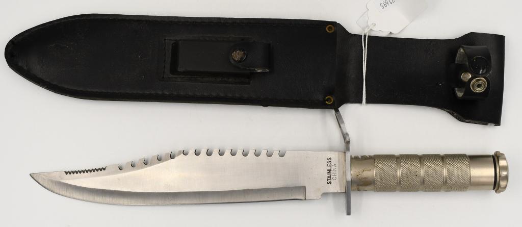 Large Stainless Steel Fixed Blade Bowie Knife &: Sheath; Large Stainless Steel Fixed Blade Bowie Knife & Sheath, Blade Measures Approx 10" Long , Has Built In Compass On the Bottom, Also Comes With Leather Sheath