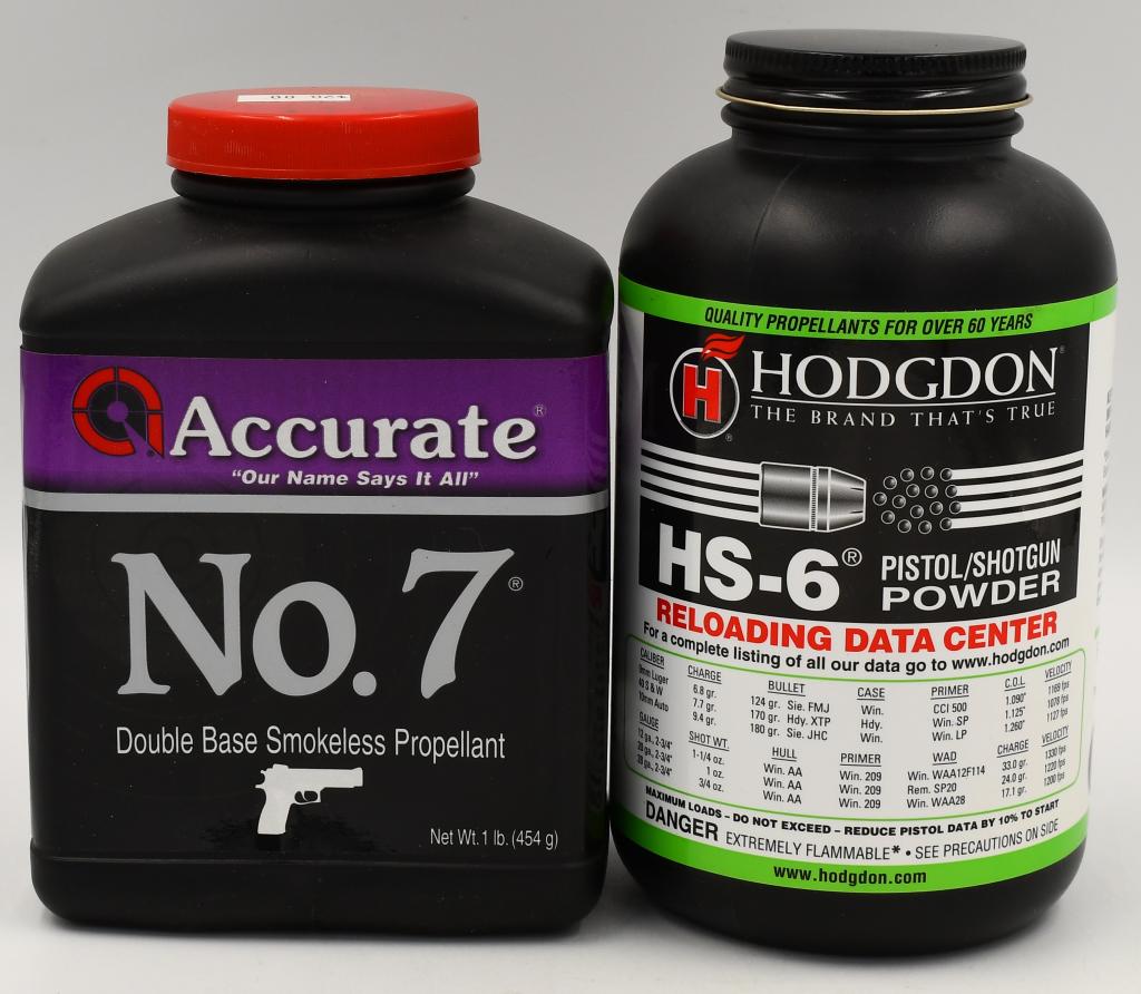 Hodgdon HS-6 and Accurate No. 7 bottles: Lot contains one Hodgdon HS-6 Pistol/shotgun powder, this bottles weighs in at 14.2 oz so a little was used out of this bottle, then we have the Accurate No. 7 Double Base Smokeless Propellant 1 lb bo