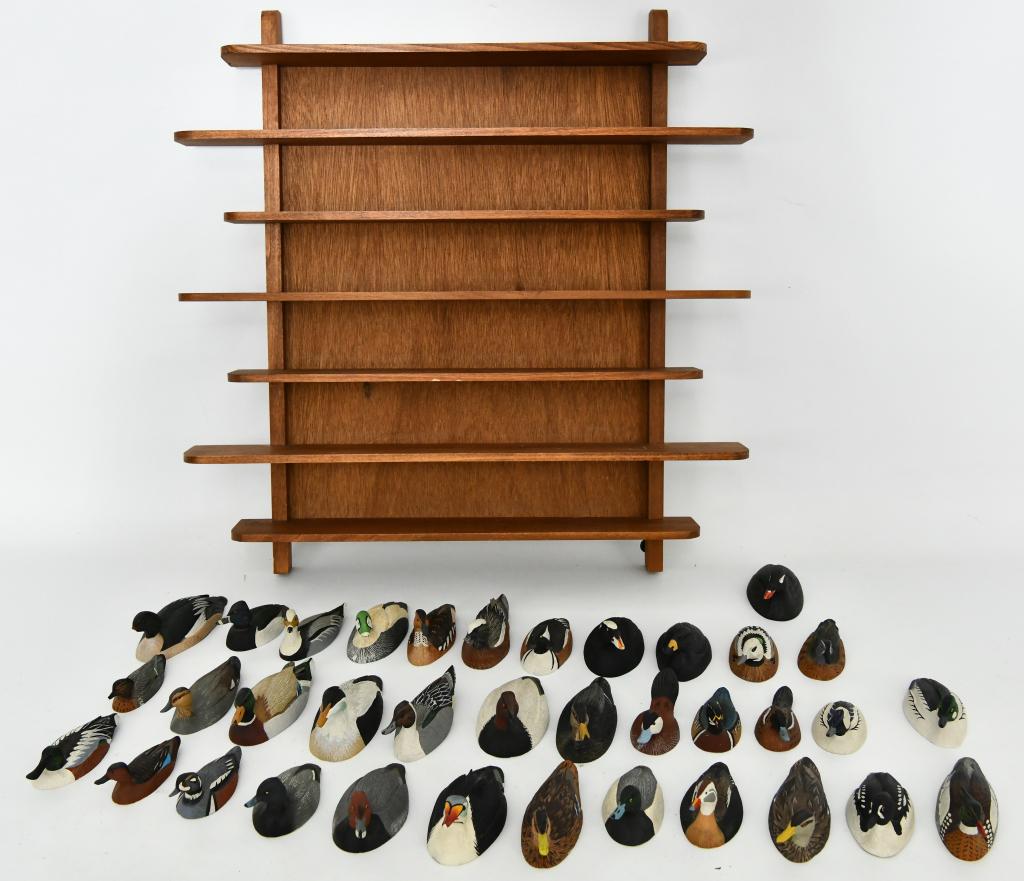 ( 35) Rare William J Koelpin Miniature Duck: Figures and wood shelf; Decoys Hand painted 1982 William J. Koelpin Sr., Wisconsin Decoy Carver, Artist and Conservationist. Bill Koelpin, Sr. was born in 1938 and grew up just outside of Milwaukee, W
