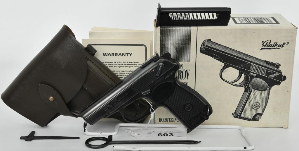 Russian Baikal IJ-70 9mm Makarov Semi Auto Pistol: Up next is a Russian Baikal IJ-70 9mm Makarov Semi Auto Pistol that comes with Two Magazines, Holster, Paperwork & Tool, all in The Factory Box. Overall in Excellent Condition. The Russian-made Baikal
