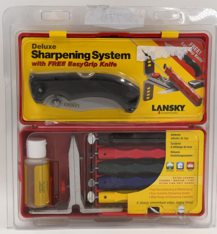 Lansky Sharpening Tool DLX 5 Stone System LKCLX: with FREE Easy Grip Knife; Features: Easy to use, precision-engineered, multi-angle clamp to hold the blade securely, Guide Rods are provided: One for every hone, Extra Coarse Black Hone (70 grit) for