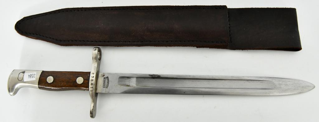 Waffen Fabrik Nuehausen Bayonet With Sheath: Waffen Fabrik Nuehausen Bayonet With Sheath, Solid Stainless Steel Blade Which Measures Approx 11 1/2" Long , Marked "Waffen Fabrik Nuehausen", Comes With Brown Leather Sheath , Bayonet Has #272615 Ma