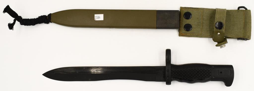 M1969 SPANISH CETME BOLO BAYONET WITH SCABBARD: with inscription of TOLEDO I.N.I. and shows serial # E T 36775 C the Knife bayonet for use on the 7.6 mm. NATO caliber CETME assault rifle. Also fits on the FR–8 training rifle, was made at Toledo, 
