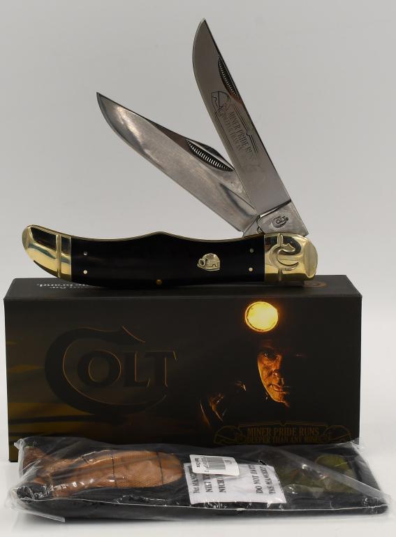 Colt Coal Miner Folding Hunter Knife KB223 COAL: MINER; new in the box, 5 1/4in closed, Mirror polished 440A stainless clip and skinner blades, Master blade features in Miner Pride Runs Deeper Than Any Miners frosted blade etch Black buffalo horn ha