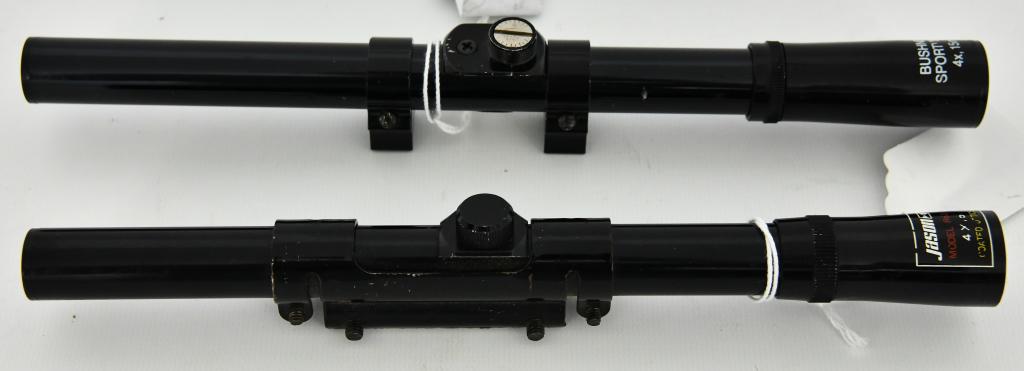 Bushnell Sportview 4X 15mm scope & Jason Model: 862 4x15; both scopes come with rings attached, the Bushnell Sportview is a 4x, 15mm with approx. length of 10.5" cross hairs looks great, just a few setbacks, no knob covers and the diopter appears t