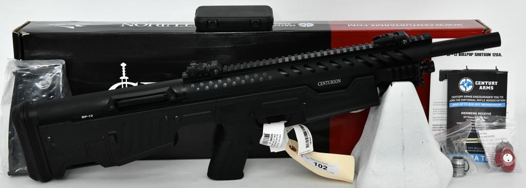 Brand New Century Arms Centurion BP-12 12 Gauge: Up Next We Have a Brand New Century Arms Centurion BP-12 12 Gauge Semi Auto Shotgun, 19.75" Barrel, One 5 Round Magazine, Front/Rear Flip Up Sights, Bullpup Design, Synthetic Black Stock, and Comes in