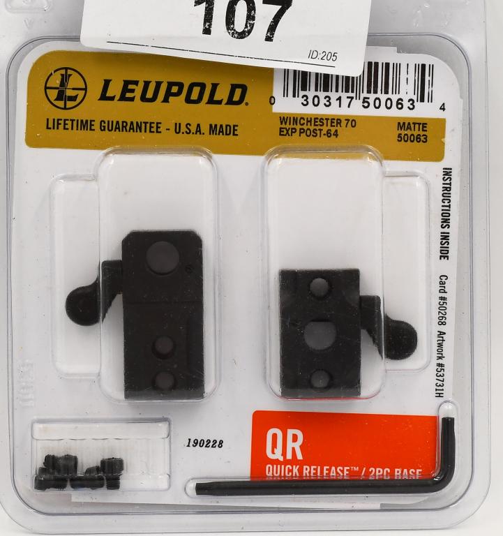 Leupold 2-Piece Quick Release Base Mount NIP: Leupold 2-Piece Quick Release Base Mount NIP For Winchester 70 Express Post-64, Matte Black Color, Leupold QR mounts allow you to remove and reattach your scope and return to within 1/2 inch of the or
