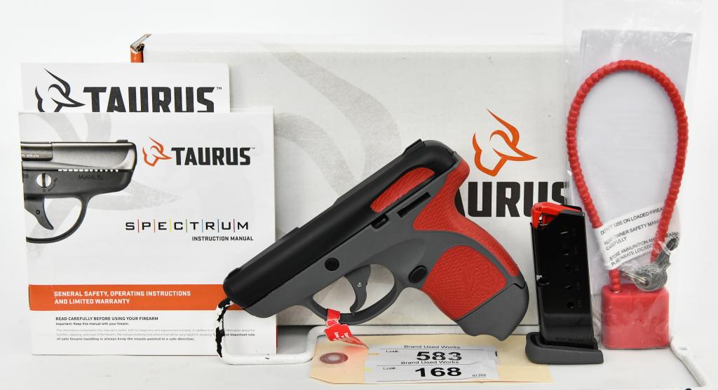 NEW Taurus Spectrum .380 ACP Semi Auto Pistol: Up Next We Have a Brand New Taurus Spectrum Semi Auto Pistol Chambered in .380 ACP, 2.8" Barrel, Two 6 Round Magazines, Gray Polymer Frame with Red Inserts and Black Finish. It Comes in The Factory Bo