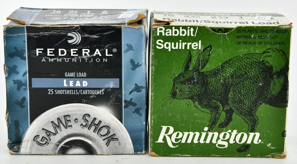 50 rds 16 Gauge shotshells Game load: lot contains one box of the Federal game load lead shotshells 16 gauge Game Shok 6 shot, 2 3/4" 1oz and one box with 21 16 gauge shotshells of the Remington Rabbit / squirrel plastic shotshells and 4 