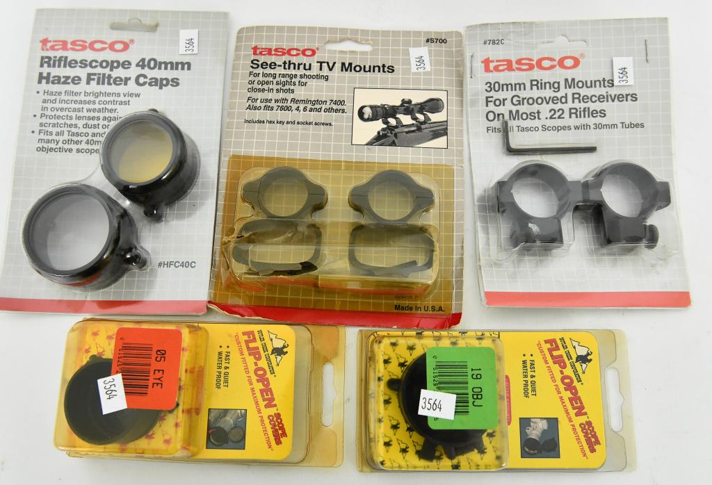 Lot of Various Scope Ring Mounts & Scope Covers: Lot of Various Scope Ring Mounts & Scope Covers, Lot Includes Tasco See-Thru TV Mounts New In Package, & Butler Creek Flip-Open Scope Covers New In Package,