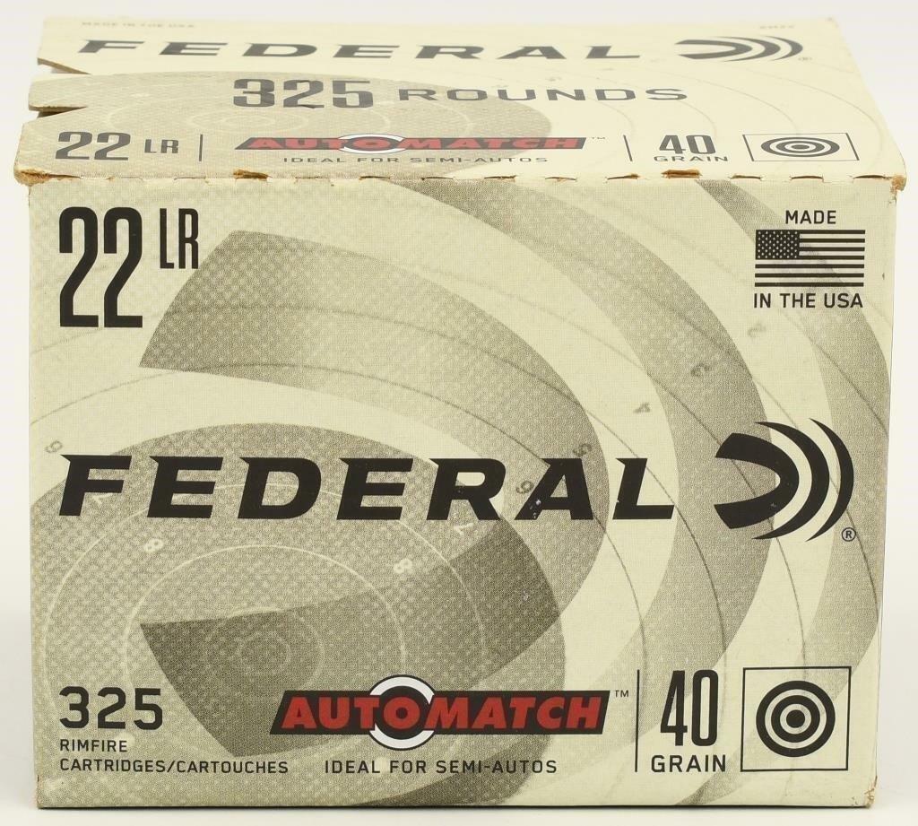 325 Rounds Federal Auto Match .22 LR Ammunition: 325 Rounds Federal Auto Match .22 LR Ammunition 325 Rounds 40 Grain Lead Round Nose 1200fps Federal Auto Match Target is a rimfire ammunition line specifically designed for use in conjunction with sem