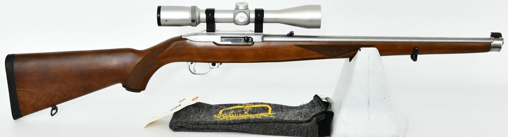 Ruger 10/22 Stainless Semi Auto Rifle .22 LR: Up Next We Have a Nice Ruger 10/22 Stainless Semi Auto Rifle Chambered in .22 LR, Equipped With an Open Front and Flip-up Leaf Rear Sight, and Topped With a Burris Fullfield II 3-9X40 Scope, Comes Wit