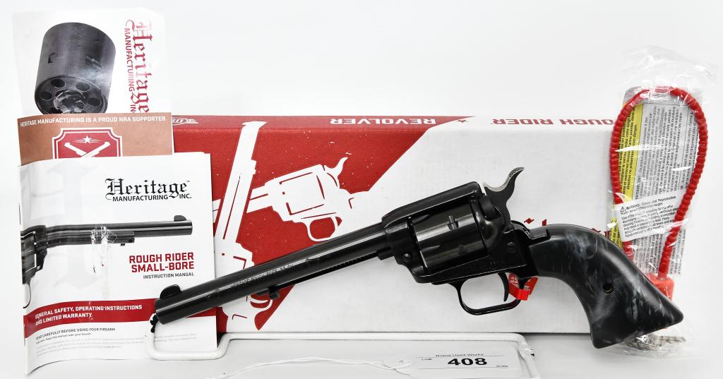Heritage Arms Rough Rider Revolver 6 1/2" .22LR: Up Next We Have a Brand New Heritage Rough Rider with a 6 1/2" Barrel, and chambered in .22 LR, 6 Round Cylinder, Pearl Grips, Blue Finish, Comes in The Factory Box With Lock & Paperwork. Specificatio