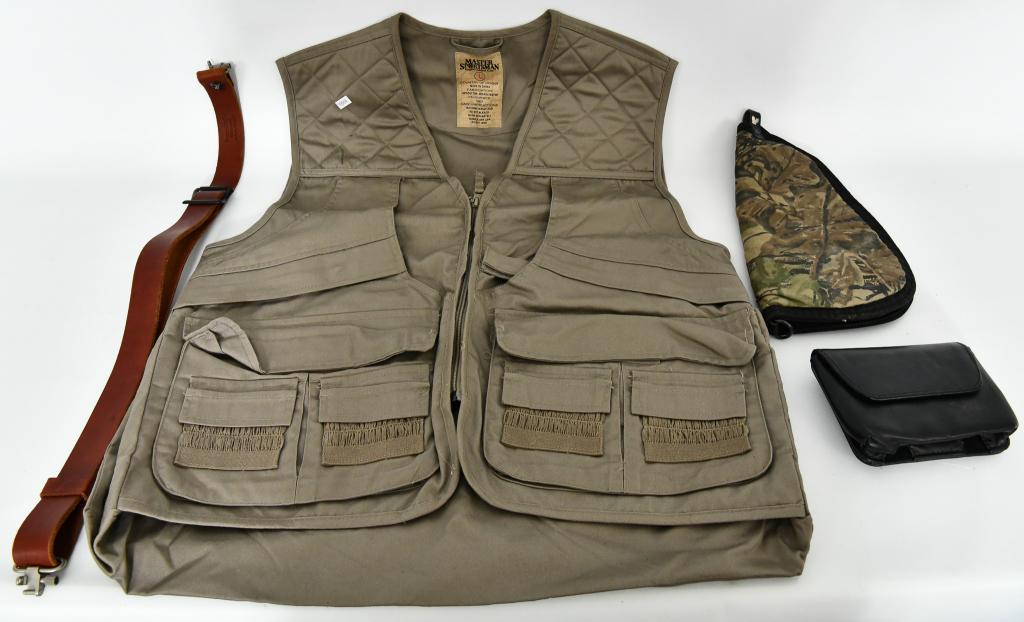 Master Sportsmen Shooting Vest & Accessories: Master Sportsmen Shooting Vest & Accessories, Lot Includes 1 Camo Realtree Soft Pistol Case, Jarret Rifles Leather Belt , 1 Leather Magazine Pouch , & 1 Master Sportsmen Shooting Vest Size L