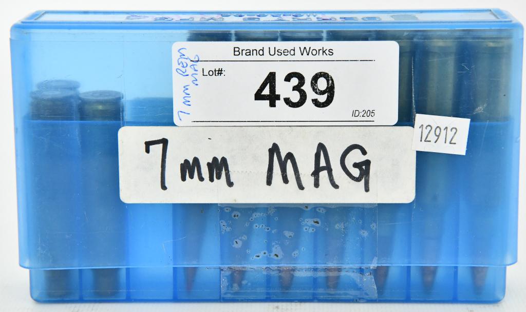 14 rds 7MM rem mag ammunition w/various HS: lot contains 14 rounds of 7MM rem mag ammunition with various HS and 3 empty brass casings in a blue plastic storage container