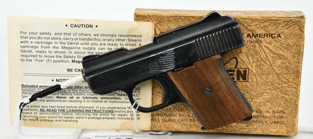 Raven Arms Model MP-25 Semi Auto .25 Cal Pistol: Next up is a Raven Arms Model MP-25 Semi Auto Pistol Chambered in .25 Caliber. Comes with 1 factory magazine in The Factory Box With Paperwork, Overall in Good Pre-owned Condition.