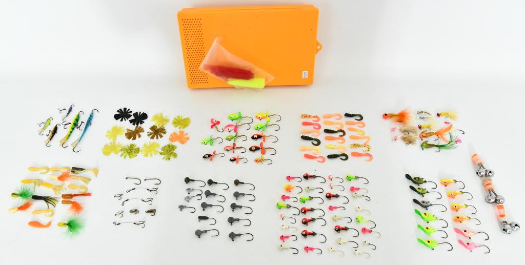 Lot of Various Fishing Tackle & Small Tackle: Container; Lot of Various Fishing Tackle & Small Tackle Container, Lot Includes Various Jigs, Swim Baits, Grub Tails & Bells