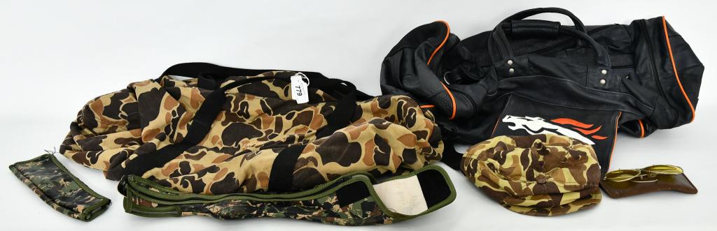 Lot of Various Hunting Accessories & Carry Bags: Lot of Various Hunting Accessories & Carry Bags, Lot Includes, 1 Large Camo Hunting Carry Bag, Camo Hunting Hat , Camo Gun Covers, & 1 Broncos Carry Bag