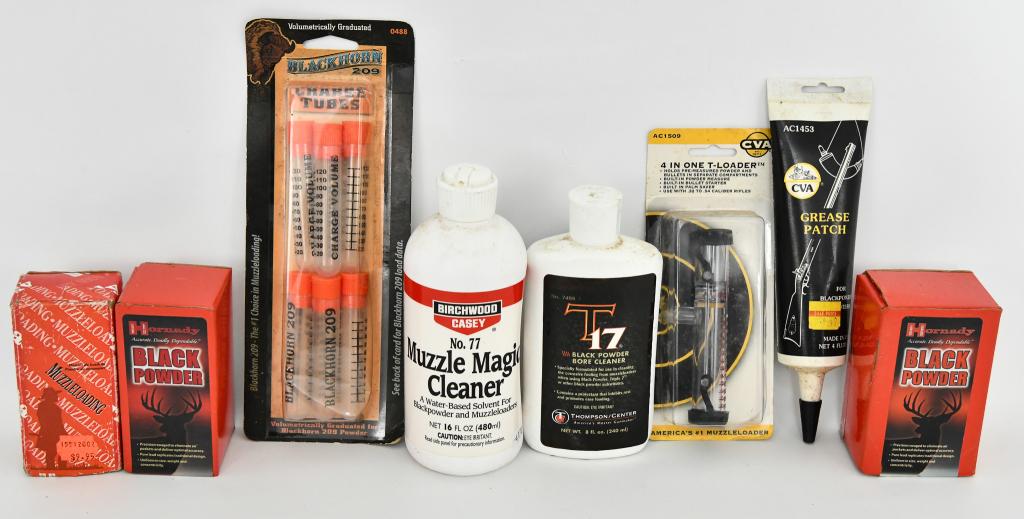 Large Lot of Various Bullet Tips & Black Powder: Acc; Large Lot of Various Bullet Tips & Black Powder Acc, Lot Includes , Black Horn Charge Tubes New, CVA Grease Patch, Birchwood Muzzle Magic Cleaner, CVA 4-in-1 T Loader New In Package, & Various .5