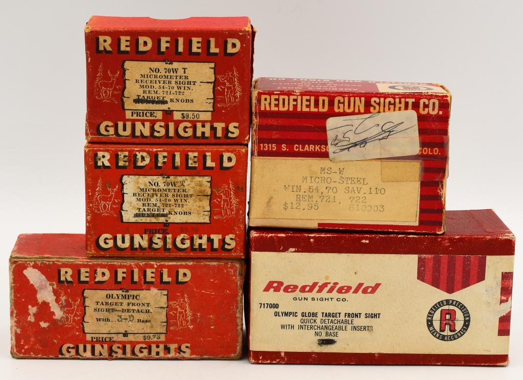 Lot of 5 Vintage Redfield Gun Sights: Lot of 5 Vintage Redfield Gun Sights, Lot Includes 1 Olympic Globe target Front Sight, 2 #70 WT Micrometer Receiver Sight, 1 Olympic Target Front Sight, & 1 Micro Steel Sights For Rem 721 & Savage 110