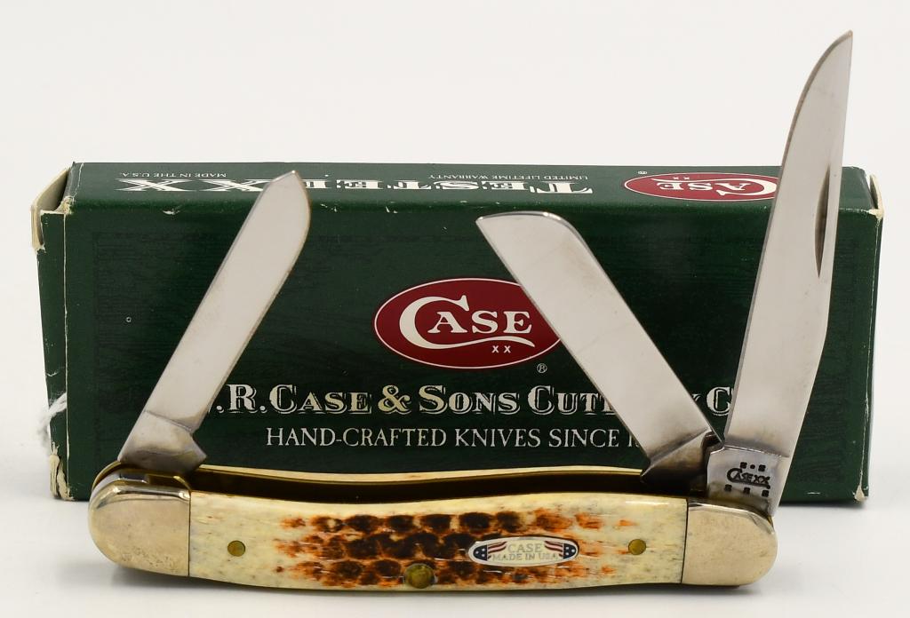 Case XX Medium Stockman Folding Pocket Knife: Case XX Medium Stockman Folding Pocket Knife Double-ended serpentine-shaped knife, designed for castrating animals and general farm chores: generally with 3 blades - two on the pocket end (where the m