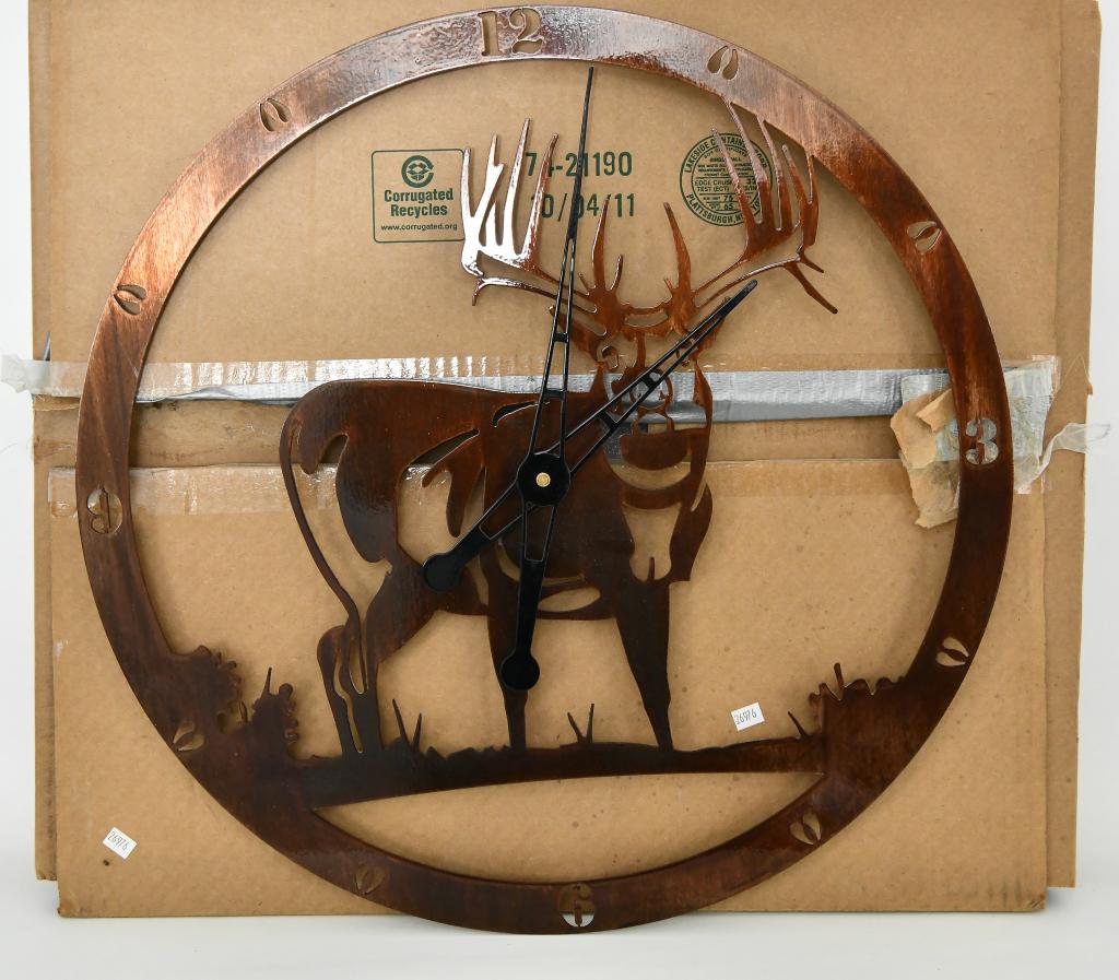 Decorative Metal Wall Hanging Hunter Clock: Decorative Metal Wall Hanging Hunter Clock, Elk Design Metal Framed Clock, Great Man Cave Piece, Measures Approx 20" x 20"