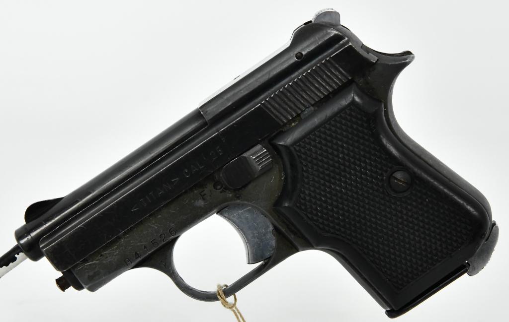 FIE Titan Semi Auto Pistol .25 Caliber: Up Next We Have a FIE Titan Semi Auto Pistol Chambered in .25 Caliber, Original Factory Plastic Grips, Comes With One Magazine, and Overall Good Pre-owned Condition. Make a Great Pocket/Vest Gun. Made
