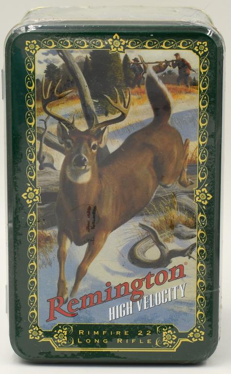 400 Rounds Of Remington .22 LR in Collector Tin: 400 Rounds Of Remington .22 LR in Collector Tin Container , Remington High Velocity, Rimfire .22 Long Rifle Ammunition & Collector Tin Container , Comes Cellophane Wrapped