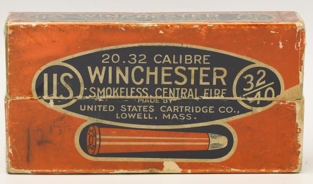 Rare Collector Box of 20 Rds Winchester .32-40: Ammo; Rare Collector Box of 20 Rds Winchester .32-40 Caliber Ammunition , Made By United States Cartridge Company, Box Appears In Excellent Condition & Comes Cellophane Wrapped , Please Note The Writi