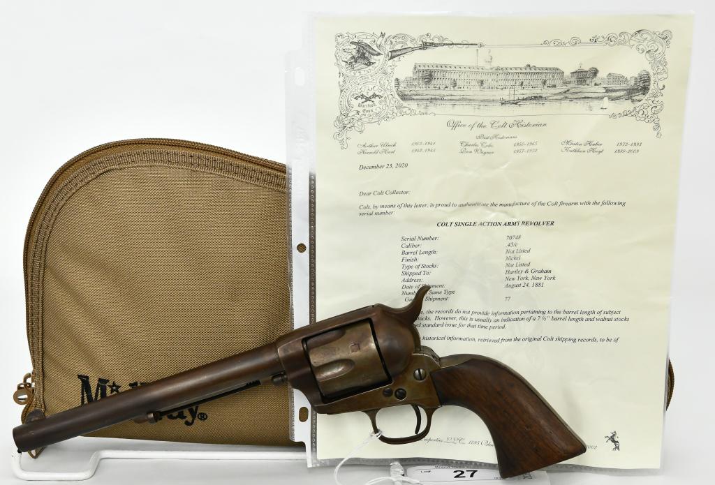 Antique Colt Single Action Army Revolver .45 Colt: Up Next We Have an Antique Colt Single Action Army Revolver Chambered in .45 Colt and is accompanied by a Factory Letter Affirming This Revolver was Shipped August 24th, 1881. All Matching Numbers, Se