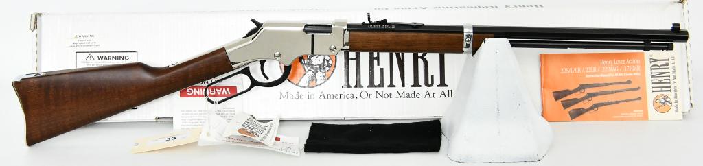NEW Trump Edition Henry Silver Boy Lever Action: Up Next We Have a Brand New Trump Edition Henry Silver Boy Lever Action Rifle Chambered in .22 Long Rifle, 20" Barrel, 16 Round, American Walnut Stock, Nickel Plated Receiver, Model H004S. Henry Silve