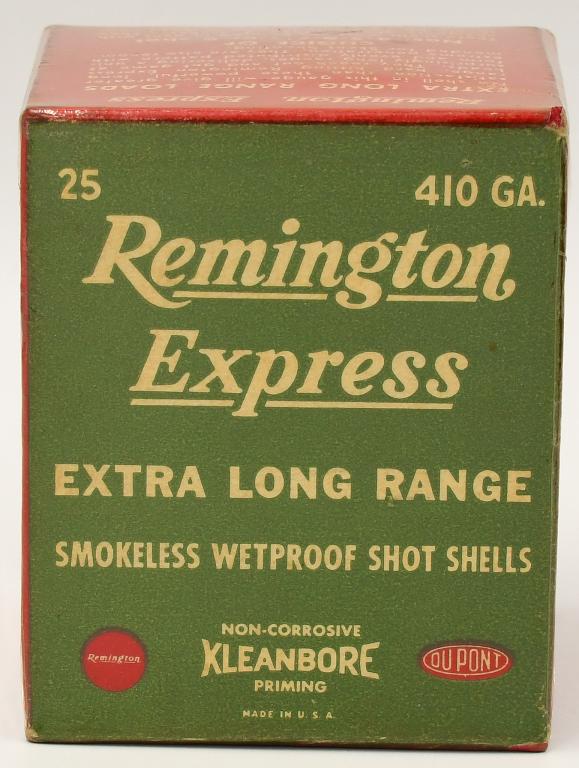 Collector Box of 15 Rds Remington Express 410 Ga: Collector Box of 15 Rds Remington Express 410 Ga Shotshells, Extra Long Range, Smokeless Wetproof Shotshells Kleanbore Priming , Box Appears In Overall Excellent Condition For Its Age , Also Comes Cel