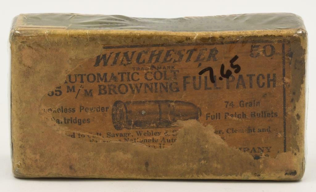 Collectors Box Of 50 Rds Winchester .32 Auto Colt: Collectors Box Of 50 Rds Winchester .32 Auto Colt Ammunition, 7.65mm Browning Full Patch, Smokeless Powder, 74 Grain , Box Appears In Good Condition For Its Age, Also Comes Cellophane Wrapped