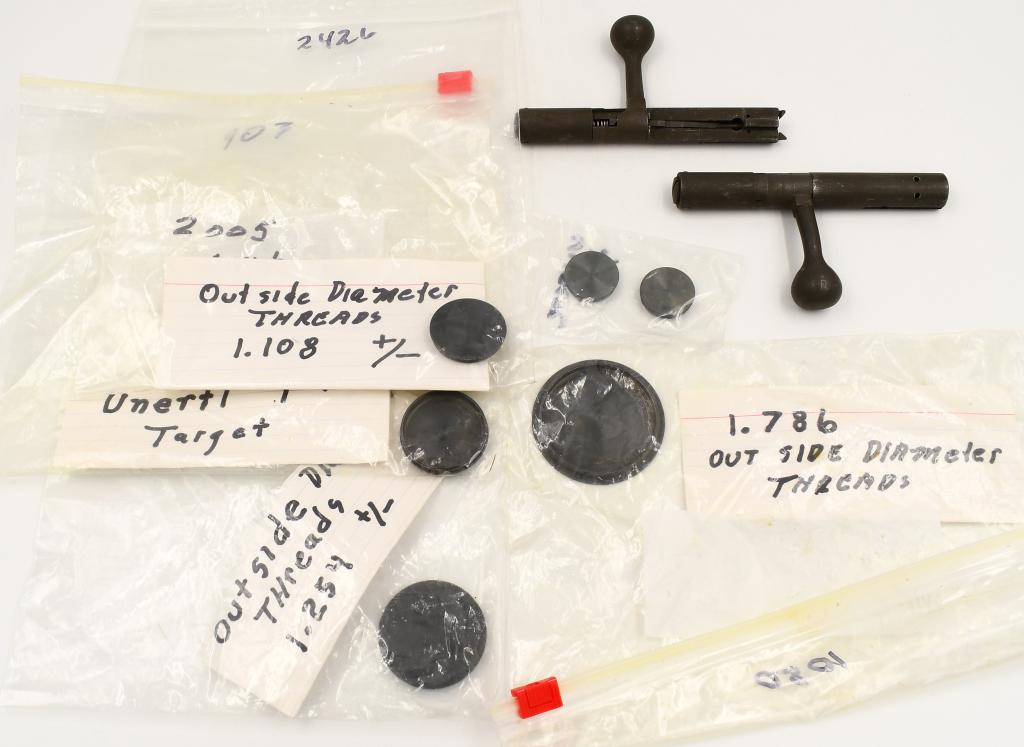 Lot of Various Unertl Cover Caps & 2 Bolt Carriers: Lot of Various Unertl Scope Cover Caps & 2 Bolt Carriers, Various Size Unertl Scope Cover Caps, & 2 Bolt Carriers For Winchester Model 69/75 Bolt Action Rifles & 1 Winchester Model 72 Bolt Carrier