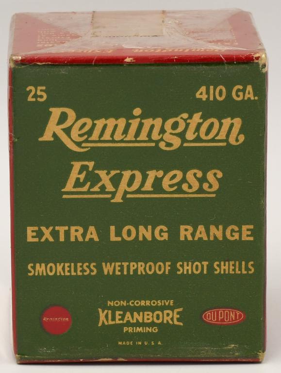 Collector Box Of 25 Rds Remington .410 Ga: Shotshells; Collector Box Of 25 Rds Remington .410 Ga Shotshells, Remington Express Extra Long Range, Kleanbore Priming, Made In USA , Box Appears in Excellent Condition & Comes Cellophane Wrapped