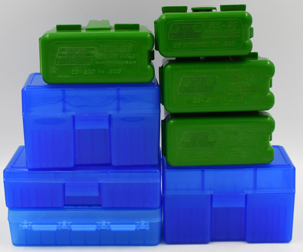 Lot of 7 Various Size Plastic Ammunition: Containers; Lot of 7 Various Size Plastic Ammunition Containers, 4 Are 20 Round Rifle Ammo Storage Containers & 3 Are Larger Size Storage Containers