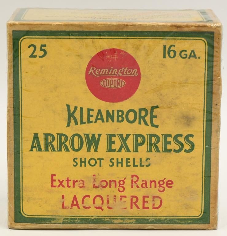 Collector Box Of Remington Arrow Express 16 Ga: Collector Box Of Remington Arrow Express 16 Ga Shotshells, Kleanbore Priming, Extra Long Range , Lacquered , Box Appears In Excellent Condition & Comes Cellophane Wrapped
