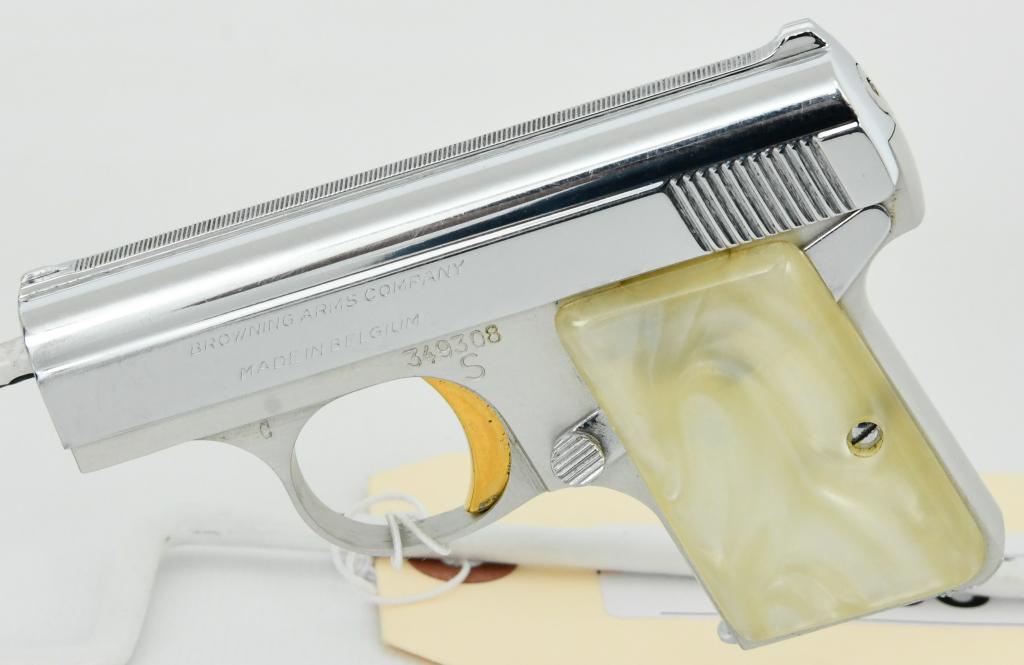 Belgium Baby Browning .25 ACP Semi Auto Pistol: Up Next is a Very Clean Nickel Belgium Baby Browning Semi Auto Pistol Chambered in .25 ACP (6.35MM) and Comes With 1 Factory Magazine, Serial #349308 and Dates to 1966. Comes With Faux Pearl Grips, an