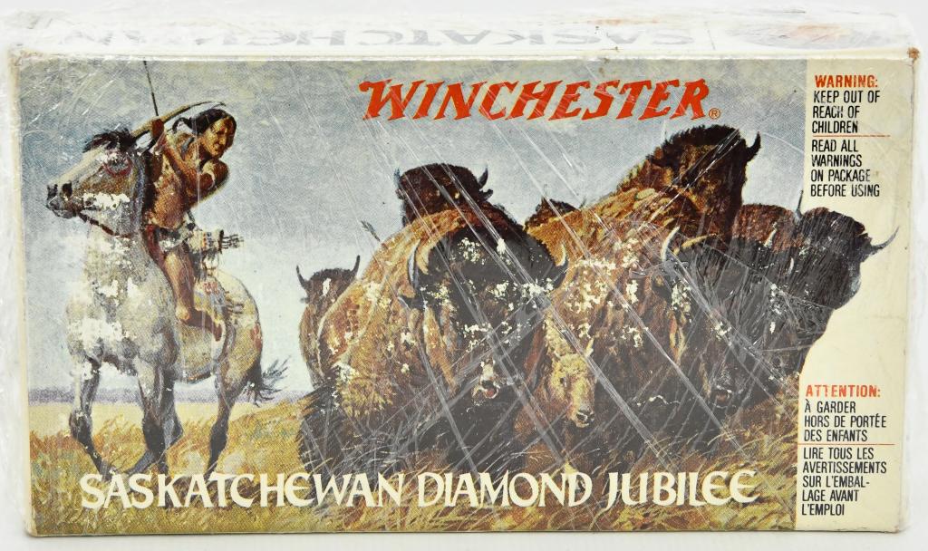 Winchester Saskatchewan Diamond Jubilee .38-55: Up Next We Have a Collector Box of 20 Rounds of Winchester Saskatchewan Diamond Jubilee .38-55 Ammo, It is Cellophane Wrapped.