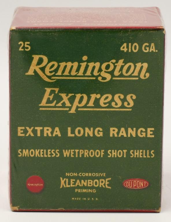 Collector Box of 25 Rds Remington Express 410 Ga: Collector Box of 25 Rds Remington Express 410 Ga Shotshells, Extra Long Range, Smokeless Wetproof Shotshells Kleanbore Priming , Box Appears In Overall Excellent Condition For Its Age , Also Comes Cel